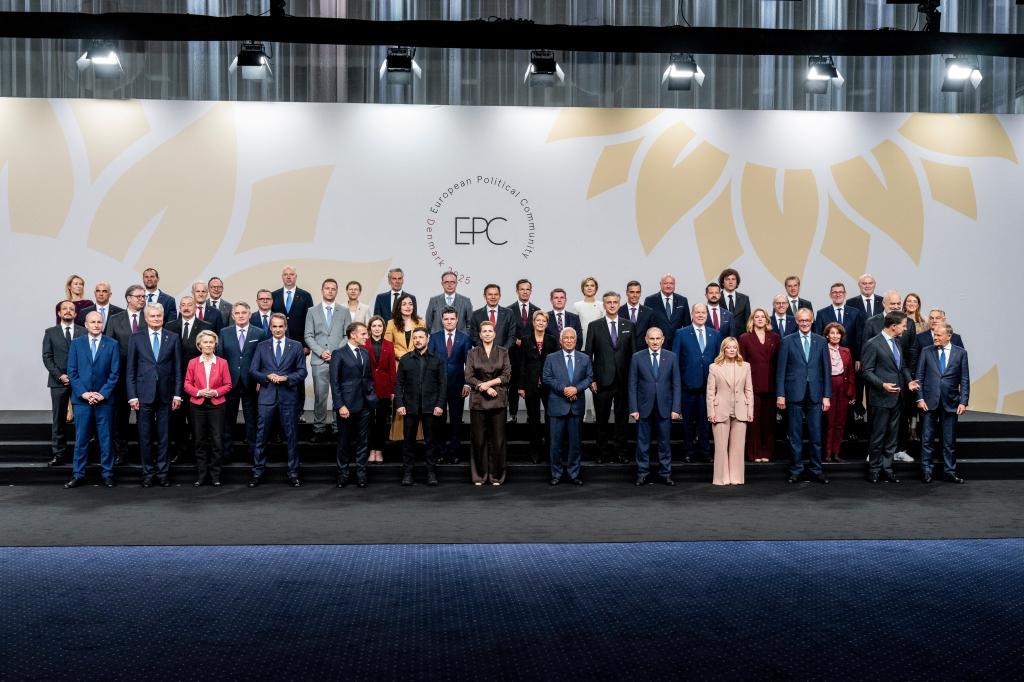 European leaders and heads of state pose for a family photo during a meeting of the European Political Community (EPC) in Copenhagen