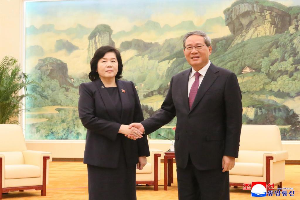 Chinese Premier Li Qiang, right, meets with North Korean Foreign Minister Choe Son Hui