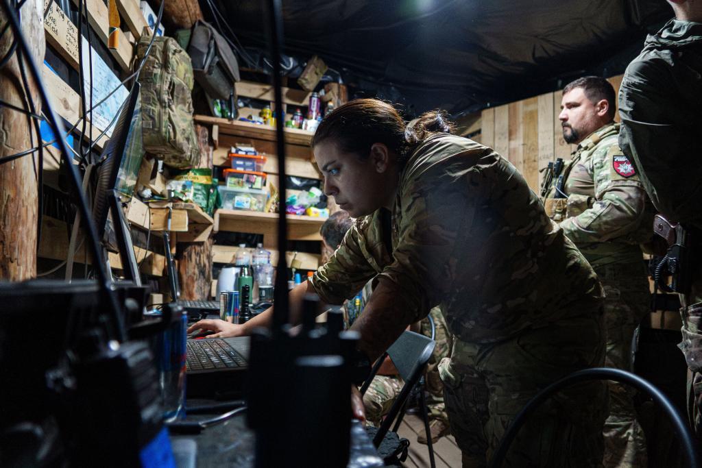A Ukrainian servicewoman callsign Fox, 33, of Safari Unit of Liut Brigade operate a recognisance drone