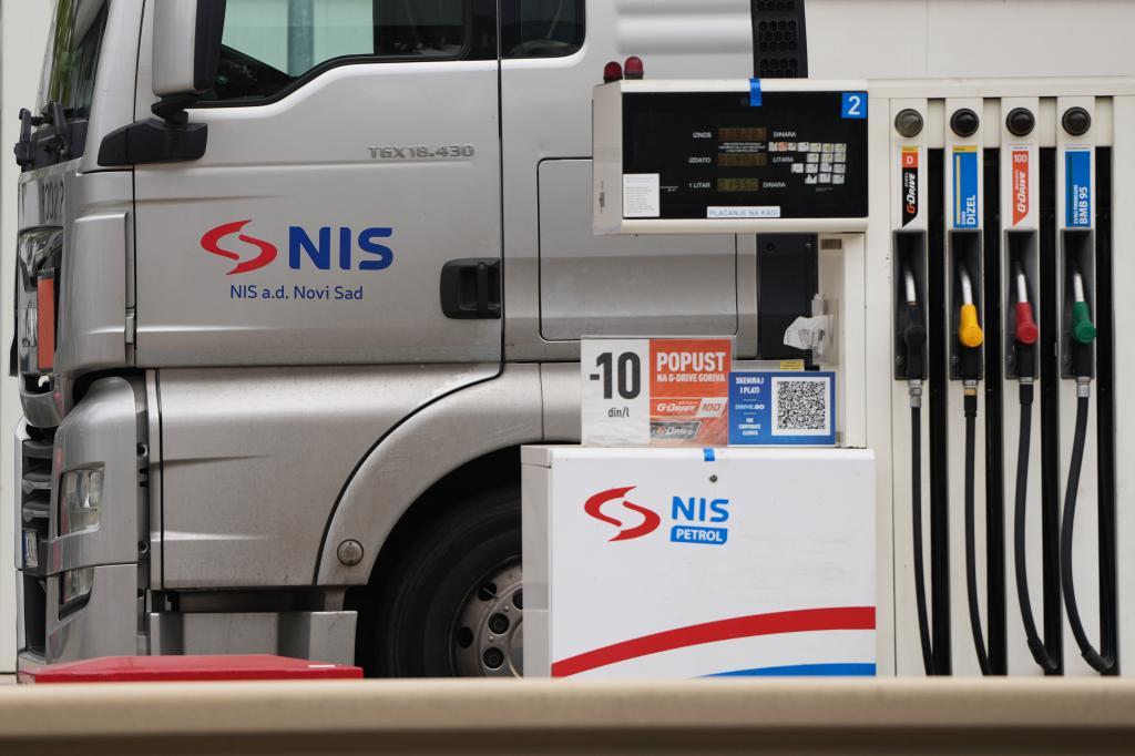 A gasoline truck of Petroleum Industry of Serbia (NIS) is parked at a petrol station in Pancevo
