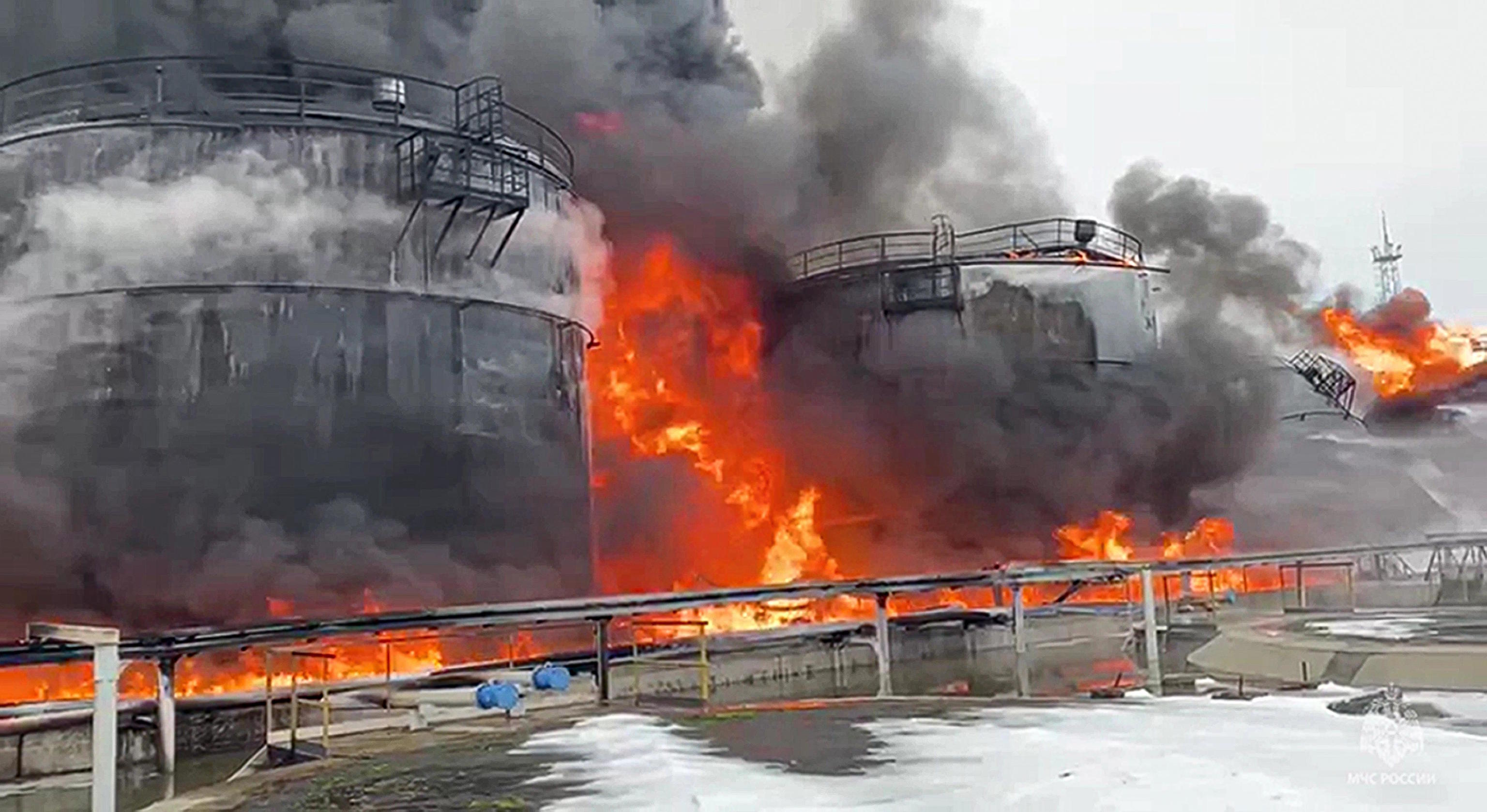 Oil reservoirs are seen in fire after the drone.