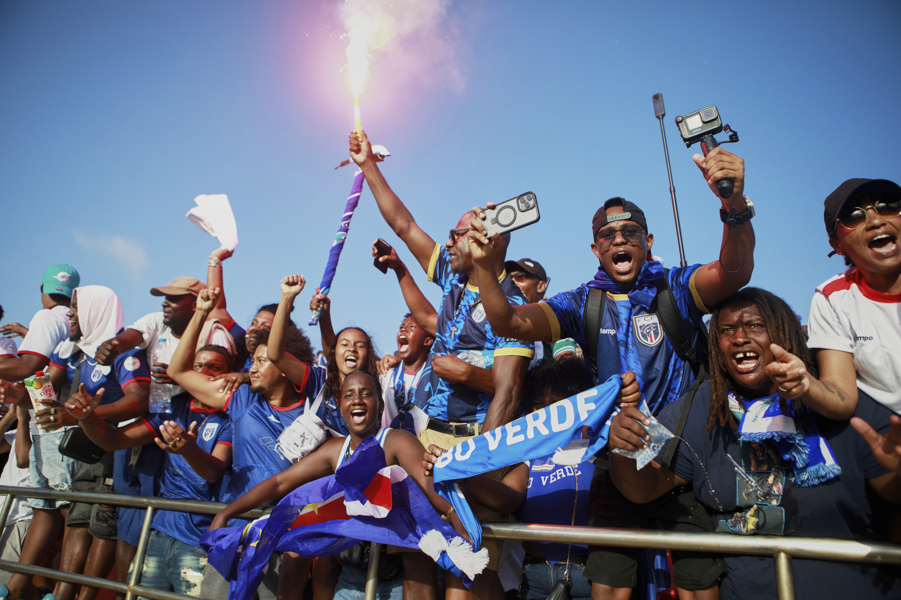 Fans celebrate in the stands after Cape Verde defeated Eswatini in a World Cup qualifying soccer match.