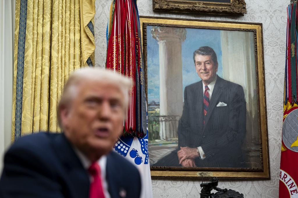 A portrait of former United States President Ronald. Reagan as US President Donald Trump