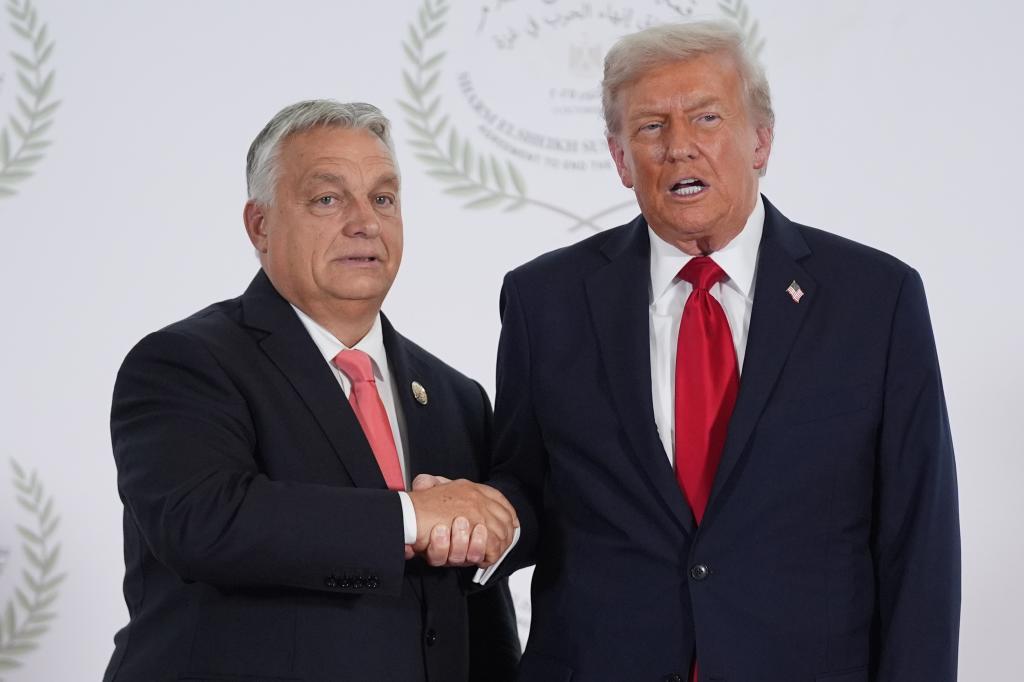 President Donald Trump greets Hungary's Prime Minister Viktor Orban