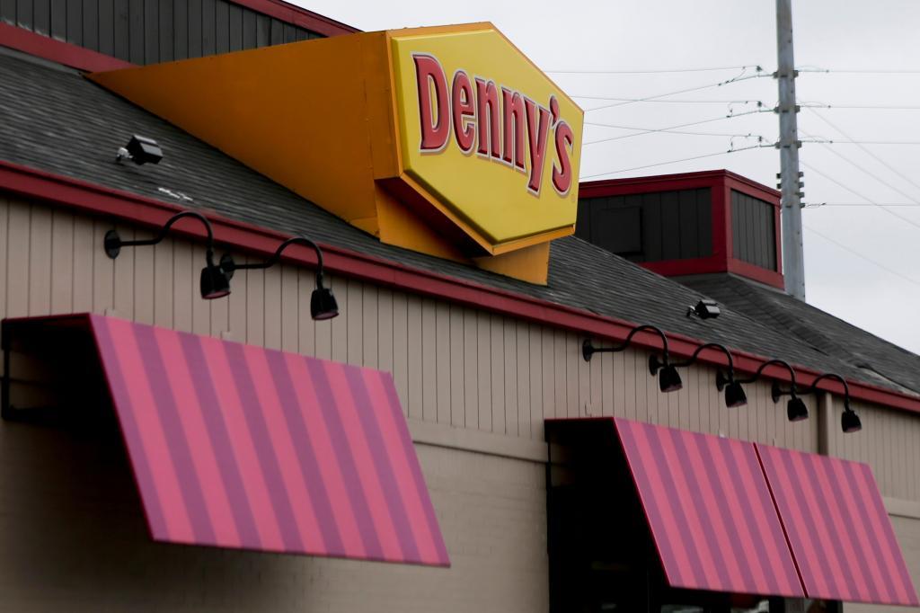A large sign marks a Denny's restaurant.