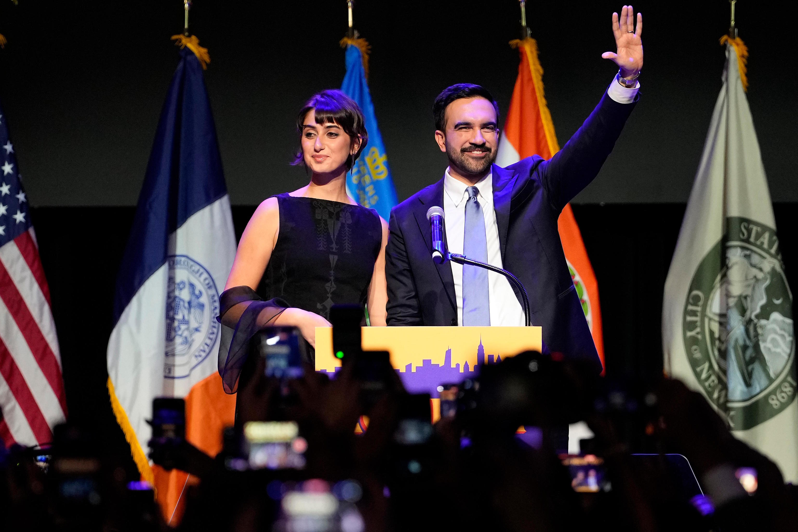 Mayor elect Zohran Mamdani, right, and his wife Rama Duwaji.