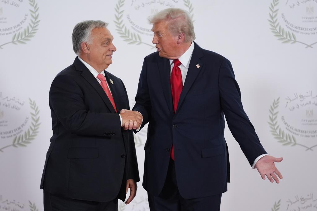 President Donald Trump greets Hungary's Prime Minister Viktor Orban