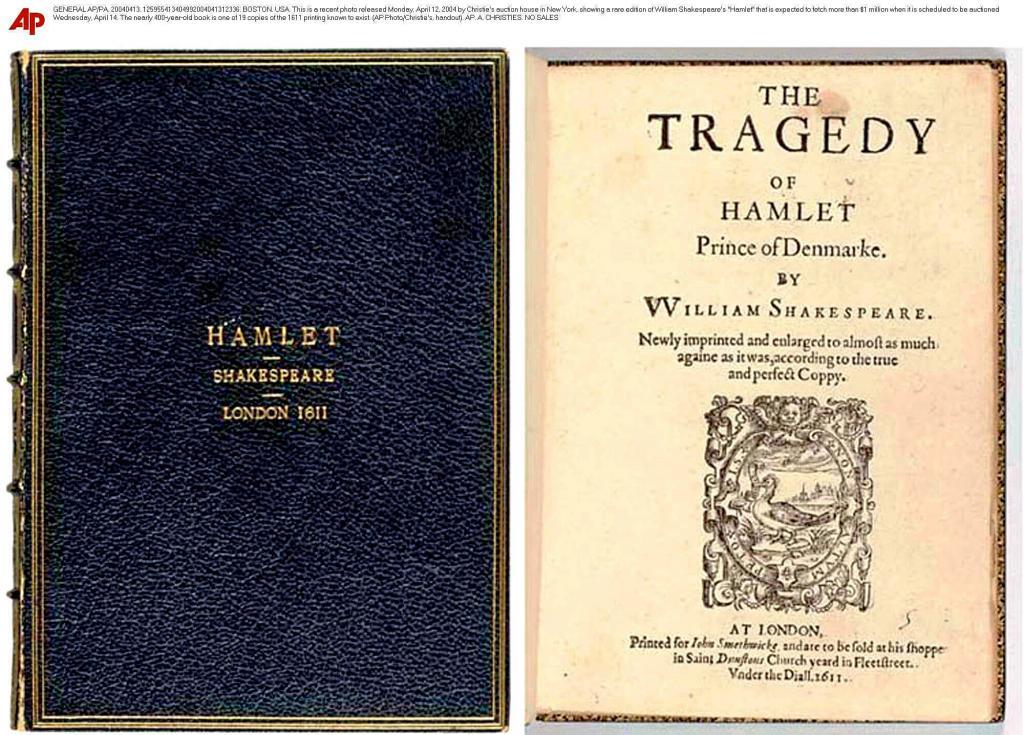 A rare edition of Shakespeare's play 'Hamlet'.