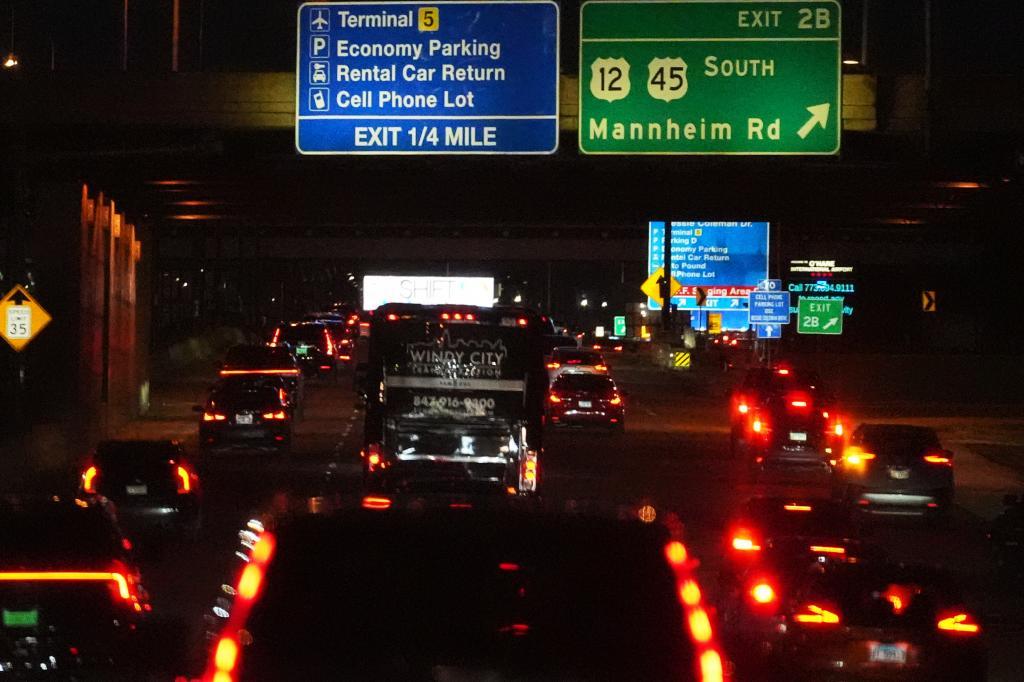 Heavy traffic is seen on the highway to O'Hare International Airport in Chicago