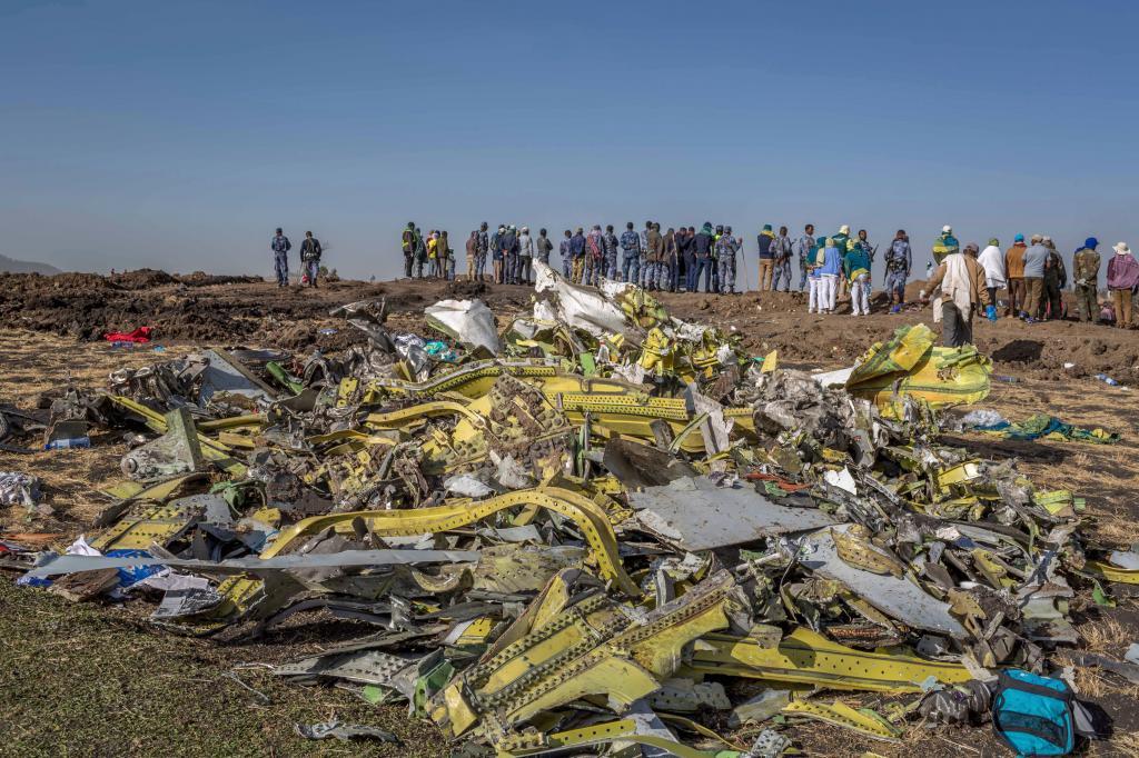 Wreckage is piled at the crash scene of Ethiopian Airlines flight ET302 near Bishoftu, Ethiopia