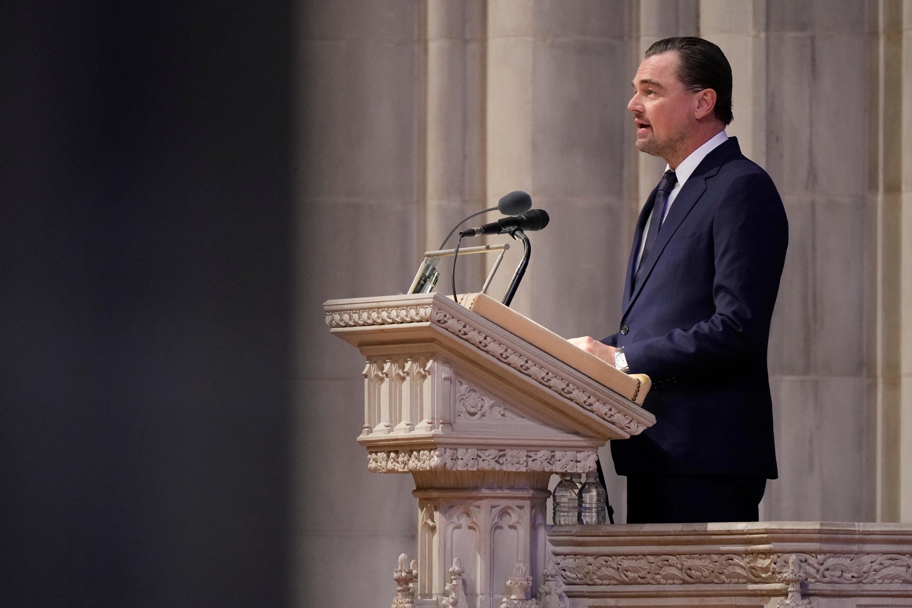 Leonardo DiCaprio speaks at the funeral of conservationist Dr. Jane Goodall.