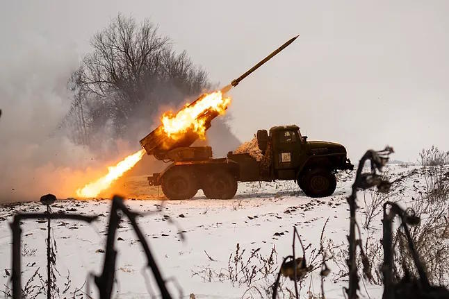 A Ukrainian vehicle launches a missile from an unknown location.