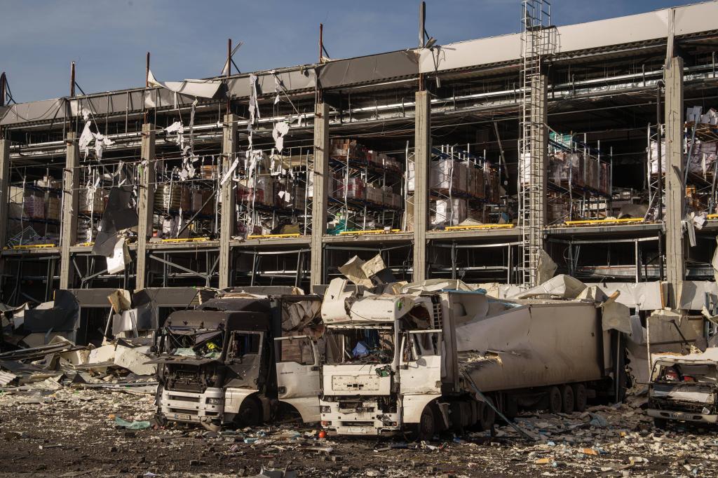 A Novus logistics center is seen damaged after a Russian strike on Kyiv