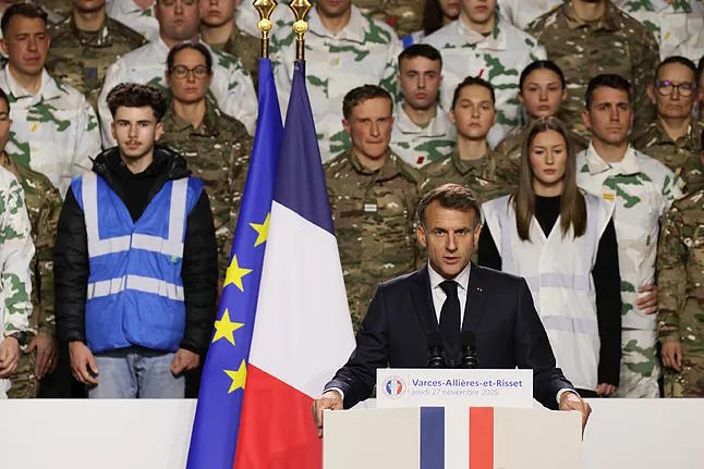 French President, Emmanuel Macron, at the Varces base.