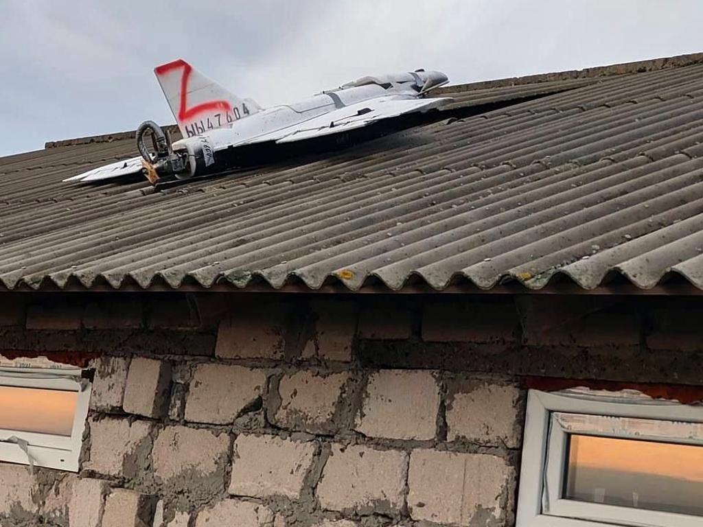 A Russian drone on the roof of a house.