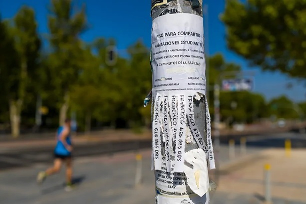 A room-sharing ad in a park in Madrid.