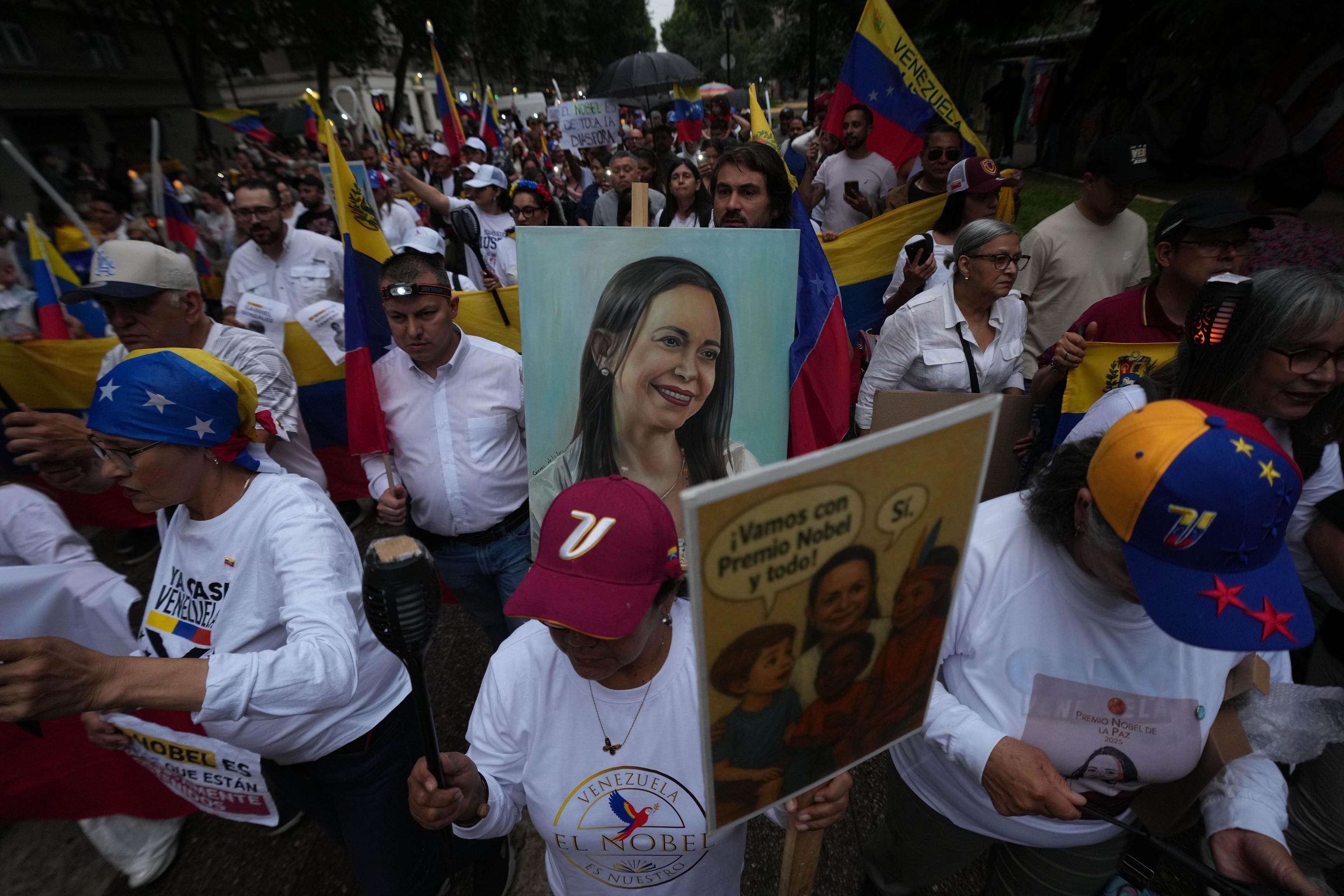 The Venezuelan community participates in a demonstration ahead of the Nobel Peace Prize ceremony.