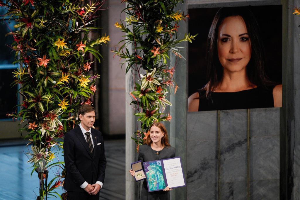 Ana Corina Sosa accepts the Nobel Peace Prize on behalf of her mother.
