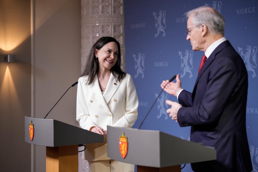Nobel Peace Prize laureate María C. Machado and Norway's Prime Minister.