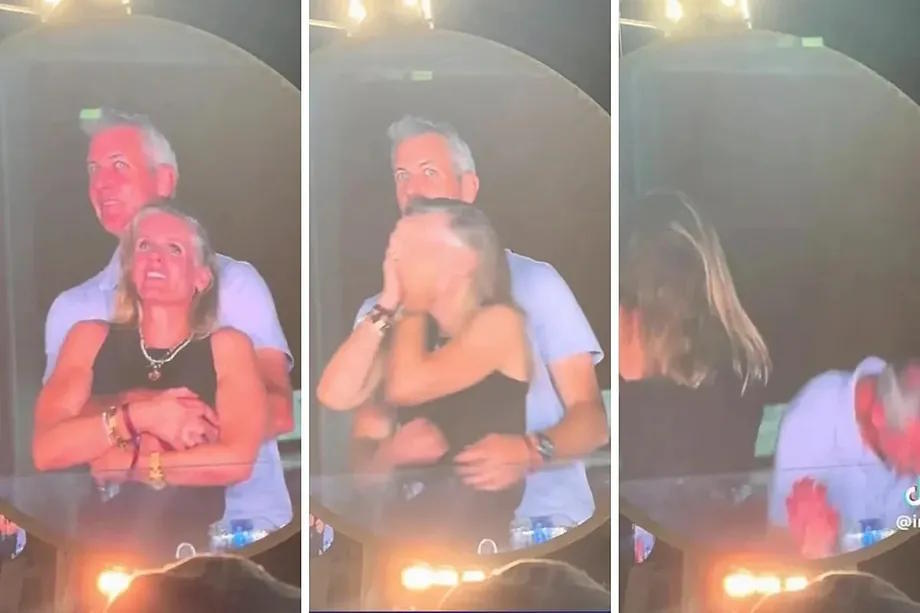 Sequence of the 'kiss cam' scene at the Coldplay concert.