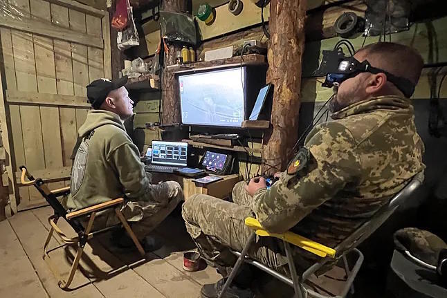 The anti-drone drone unit of the 65th Mechanized Brigade in their shelter on the Zaporiyia front.