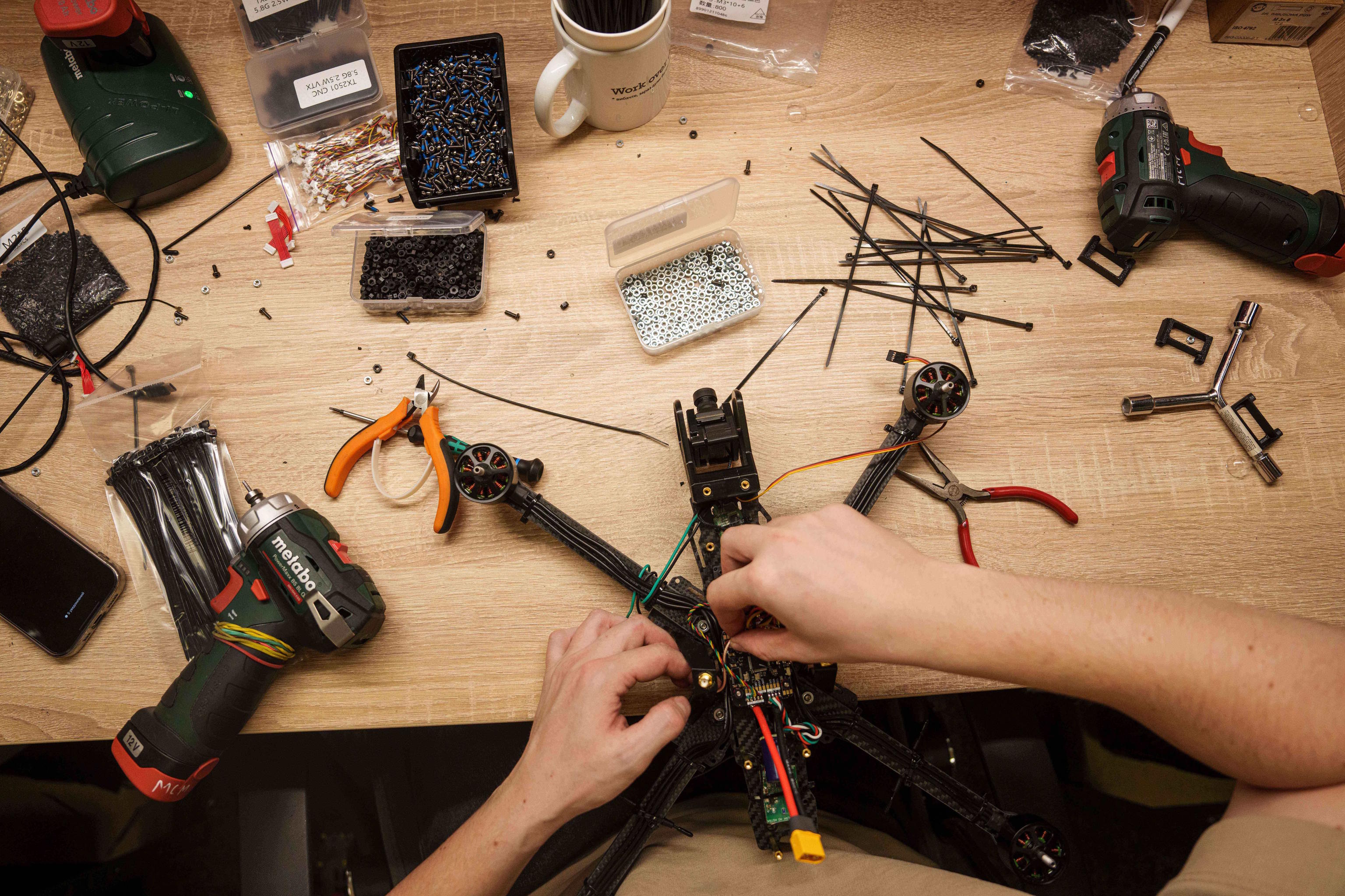 An engineer prepares a drone from the company General Cherry in Ukraine.
