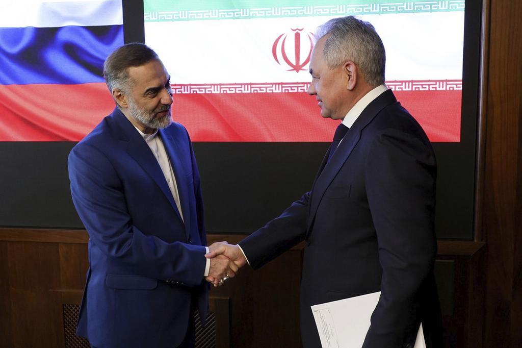Russian Defense Minister Sergei Shoigu, right, and Iranian Defense Minister Gen. Mohammad Reza Gharaei Ashtiani in 2023.