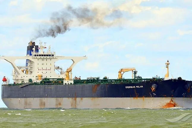 The cargo ship Bella1 or Marinera, flying the Russian flag.