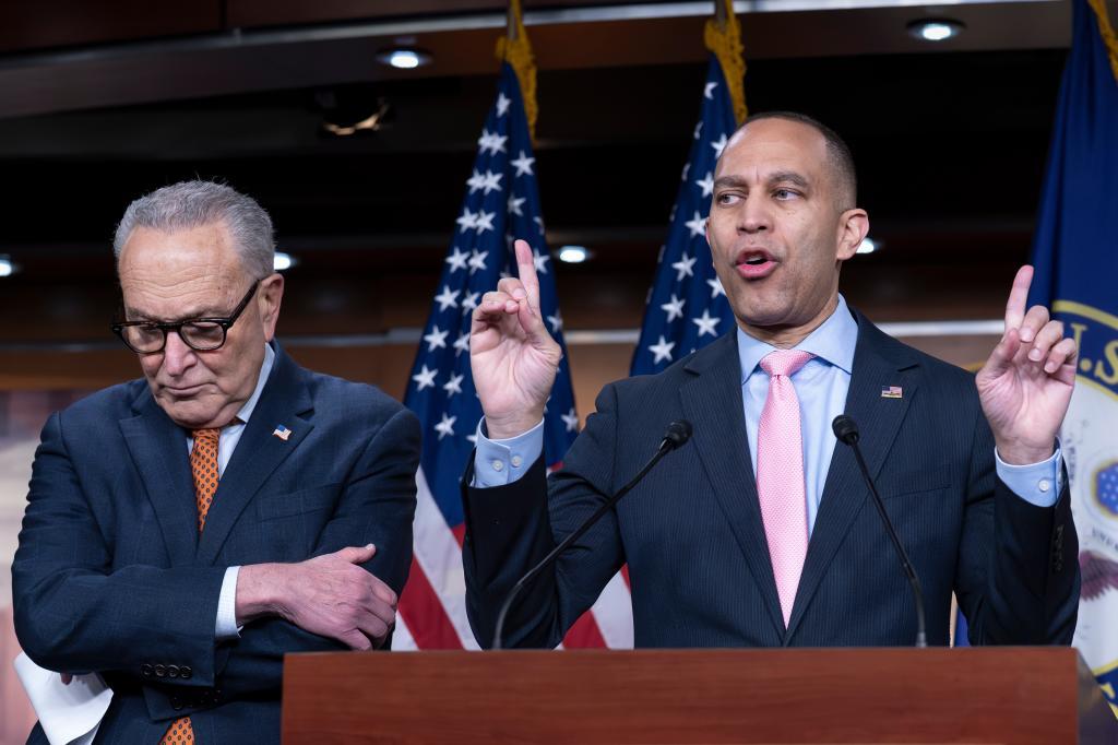 House Minority Leader Hakeem Jeffries, D-N.Y., speaks to reporters as Senate Minority Leader Chuck Schumer, D-N.Y.