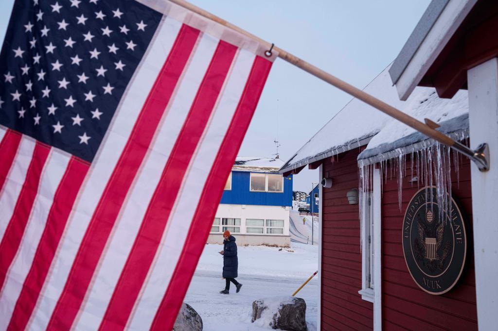 An American flag is displayed on the facade of the US consulate in Nuuk, Greenland