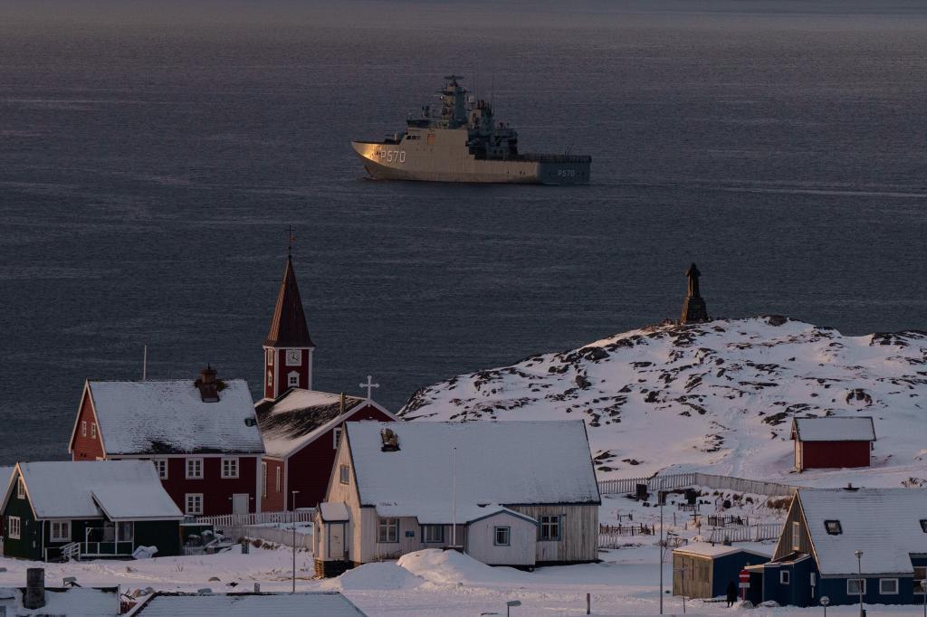 Military vessel HDMS Knud Rasmussen of the Royal Danish Navy patrols near Nuuk, Greenland,