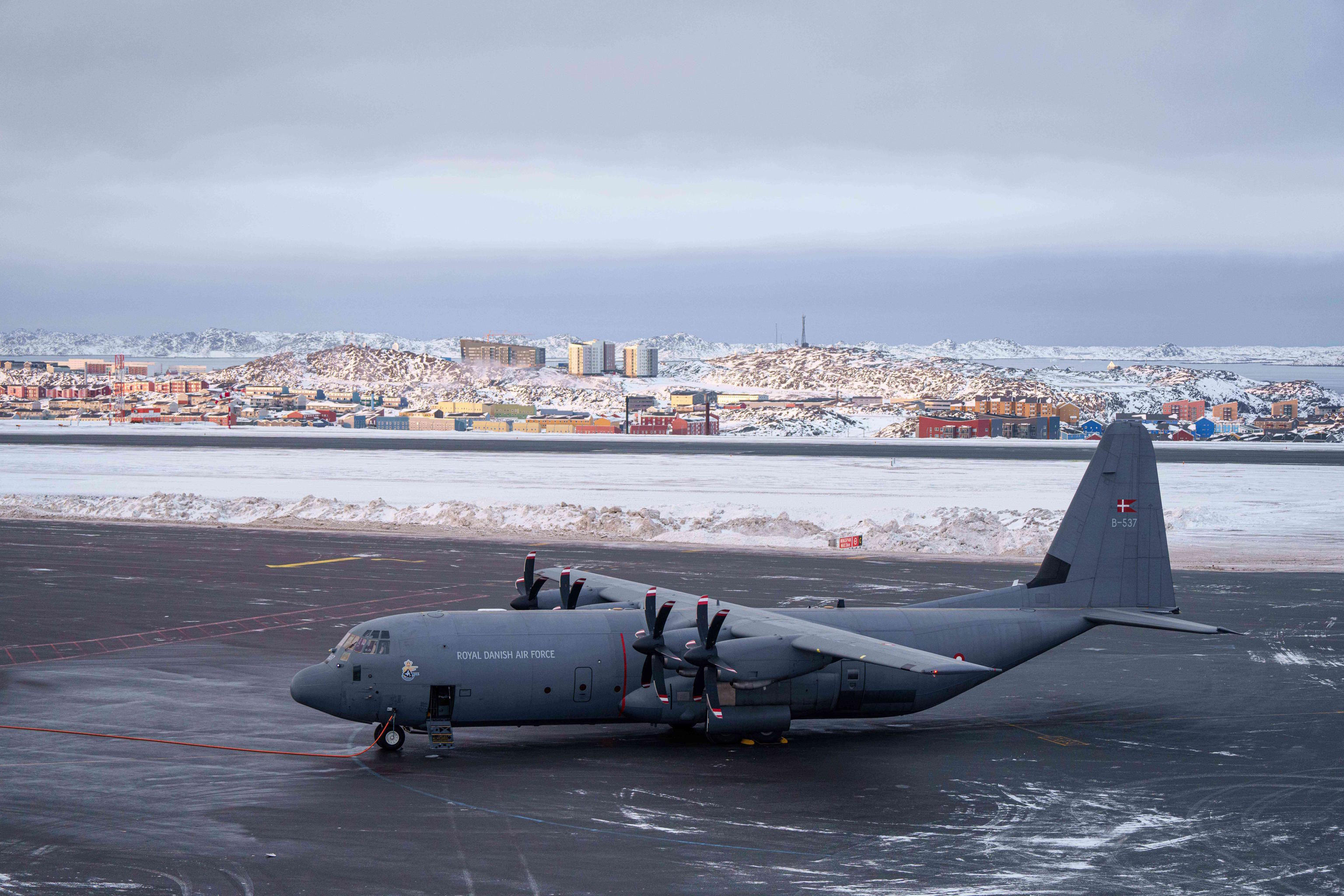 A Danish Air Force plane lands in Nuuk, Greenland.