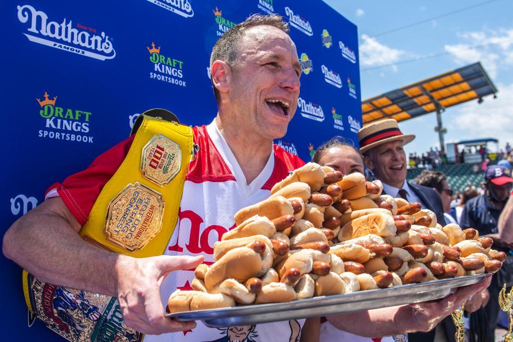 Joey Chestnut, winner of the 2021 Nathan's Famous Fourth of July International Hot Dog-Eating Contest