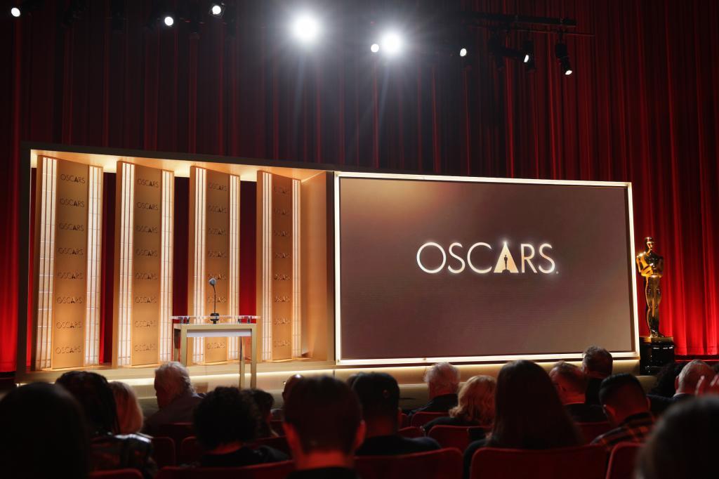 The stage during the 98th Academy Awards (Oscars 2026) nomination ceremony at the Samuel Goldwyn Theater in Beverly Hills