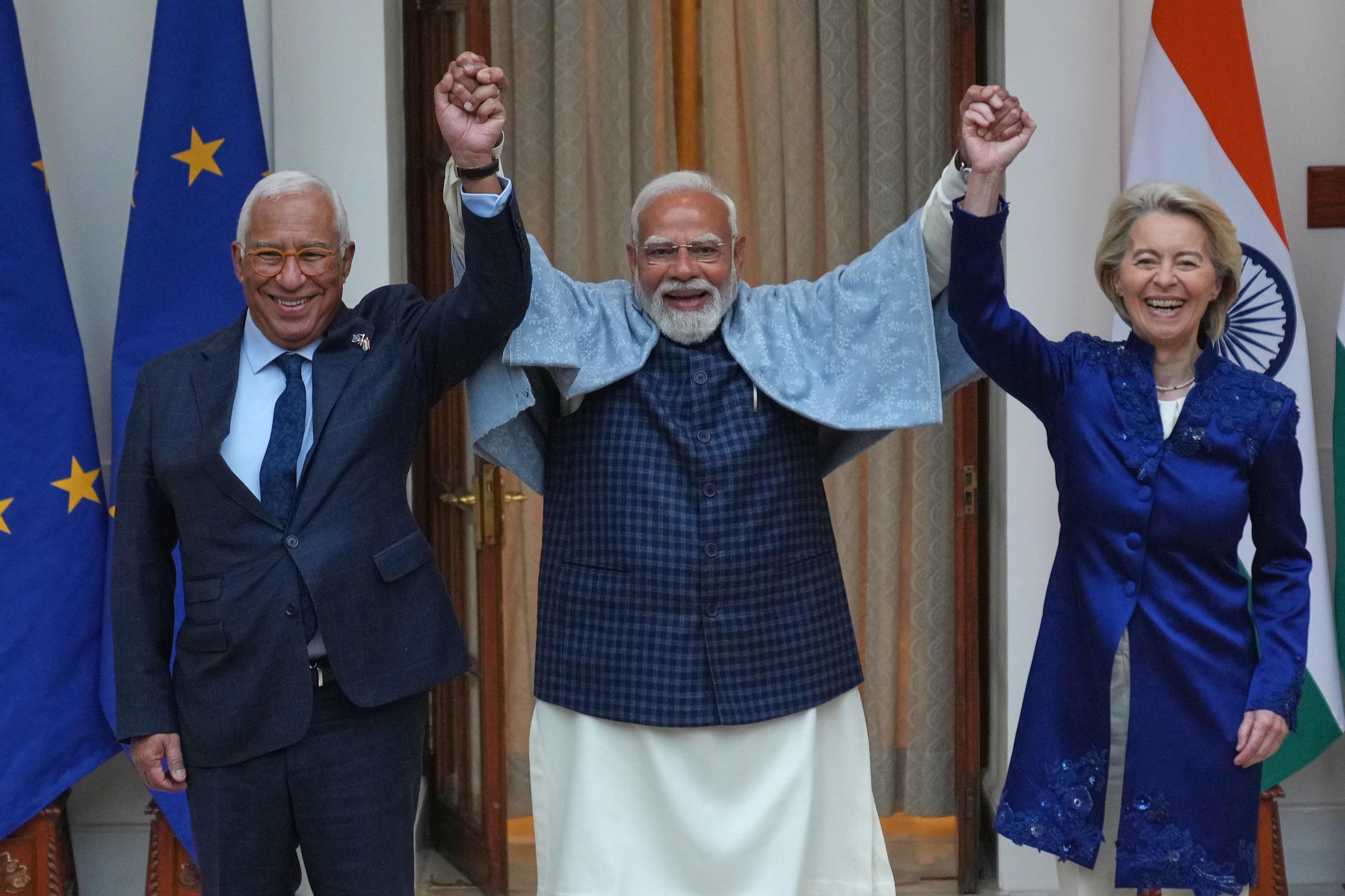 Indian Prime Minister Modi with Antonio Costa and Ursula von der Leyen.