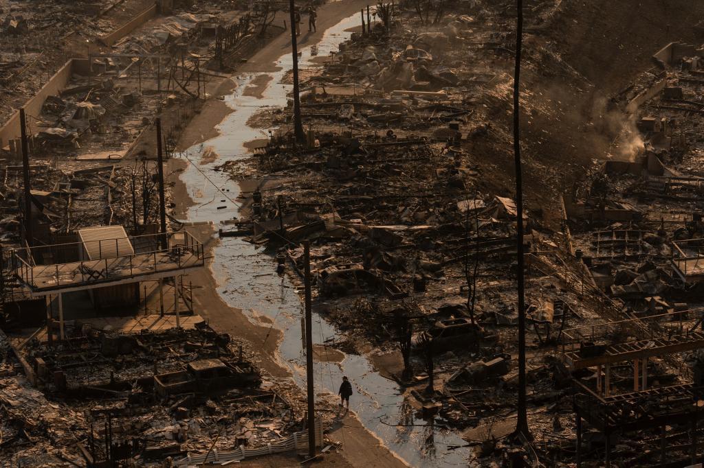 A person walks amid the destruction left behind by the Palisades Fire in the Pacific Palisades neighborhood of Los Angeles