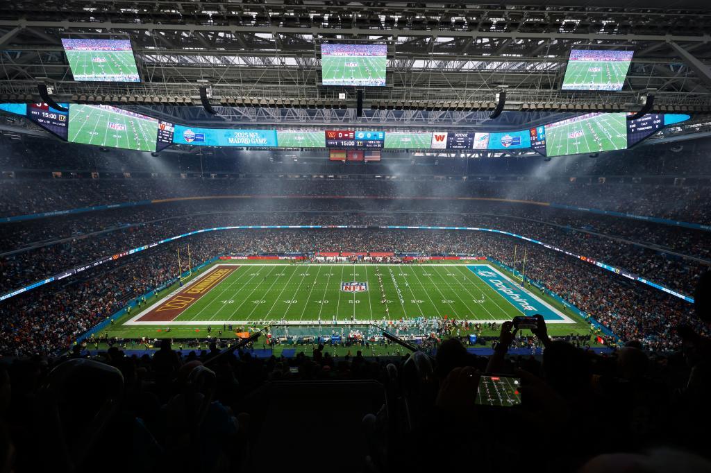 An overall, interior, general view of the Santiango Bernabeu stadium