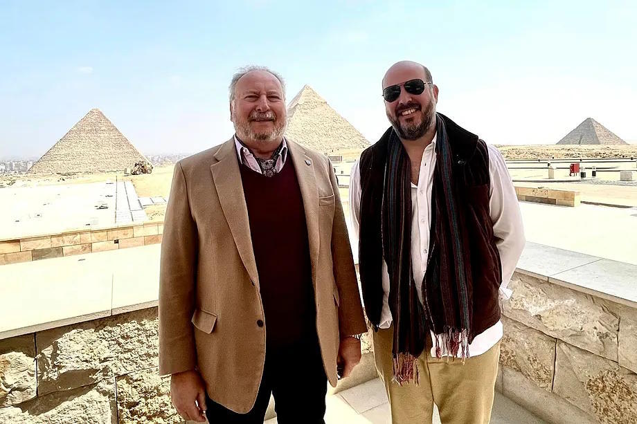 Fuad II with his eldest son, Prince Muhammad Ali, in front of the pyramids of Giza, in Cairo, in 2023.