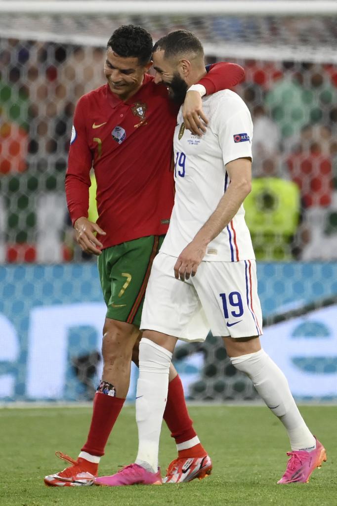 Portugal's Cristiano Ronaldo and France's Karim Benzema, right,