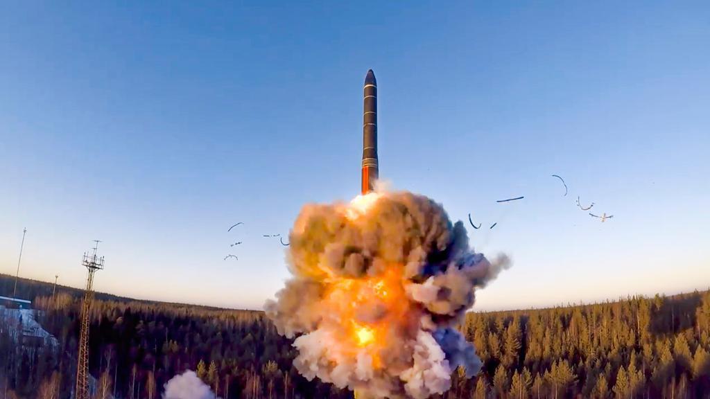 A rocket launch as part of a ground-based intercontinental ballistic missile test at the Plesetsk facility in northwestern Russia.