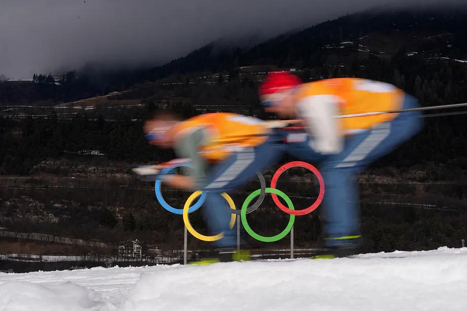Two skiers practice at one of the Games facilities.