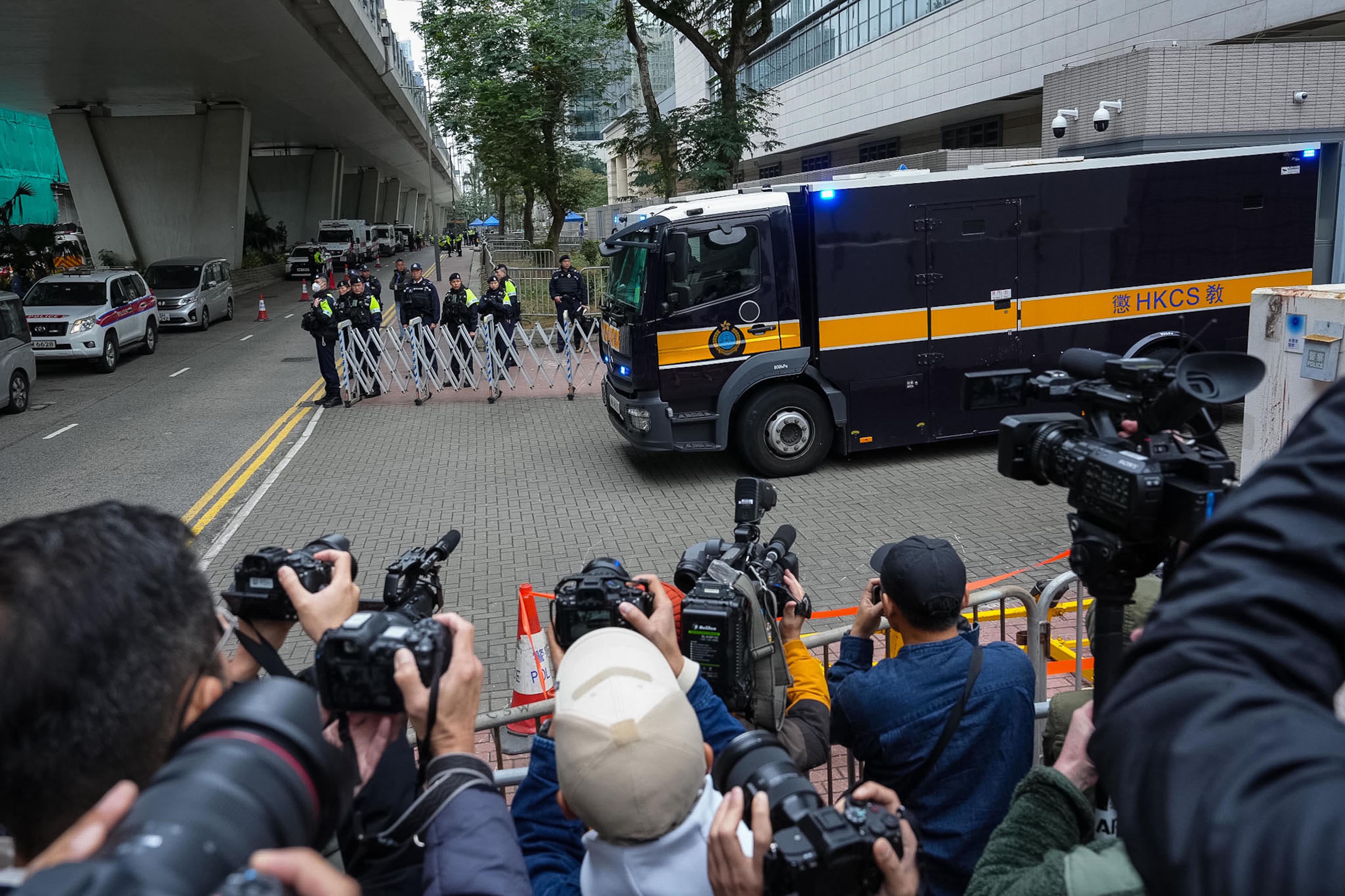 A Correctional Services Department vehicle believed to be carrying Hong Kong activist publisher Jimmy Lai.