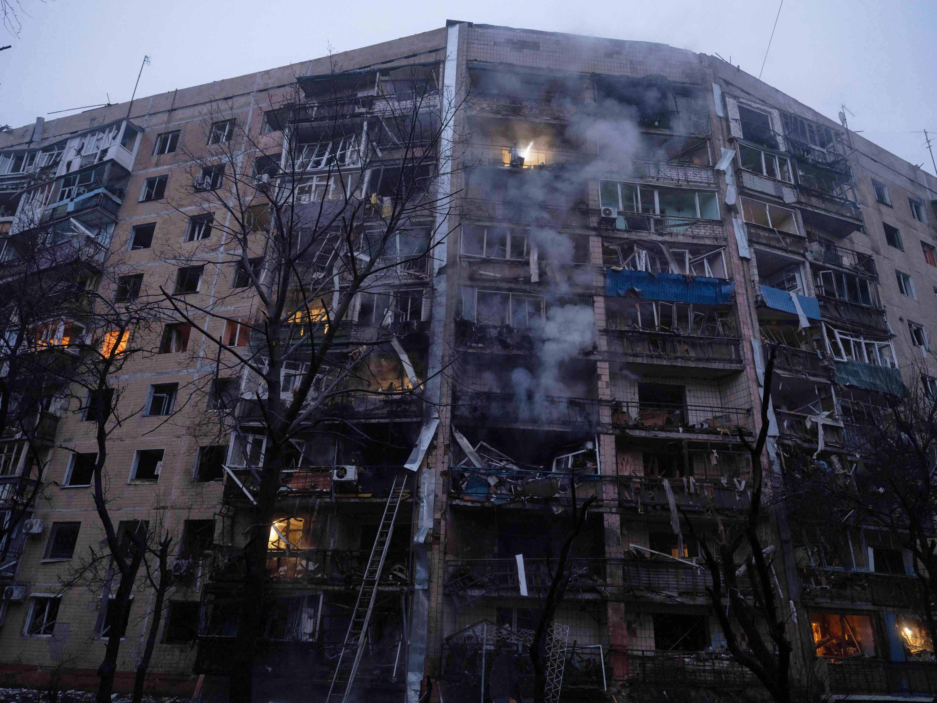 a damaged apartment building in seen in residential neighbourhood following Russia's airstrike in Kramatorsk, Donetsk region, Ukraine.