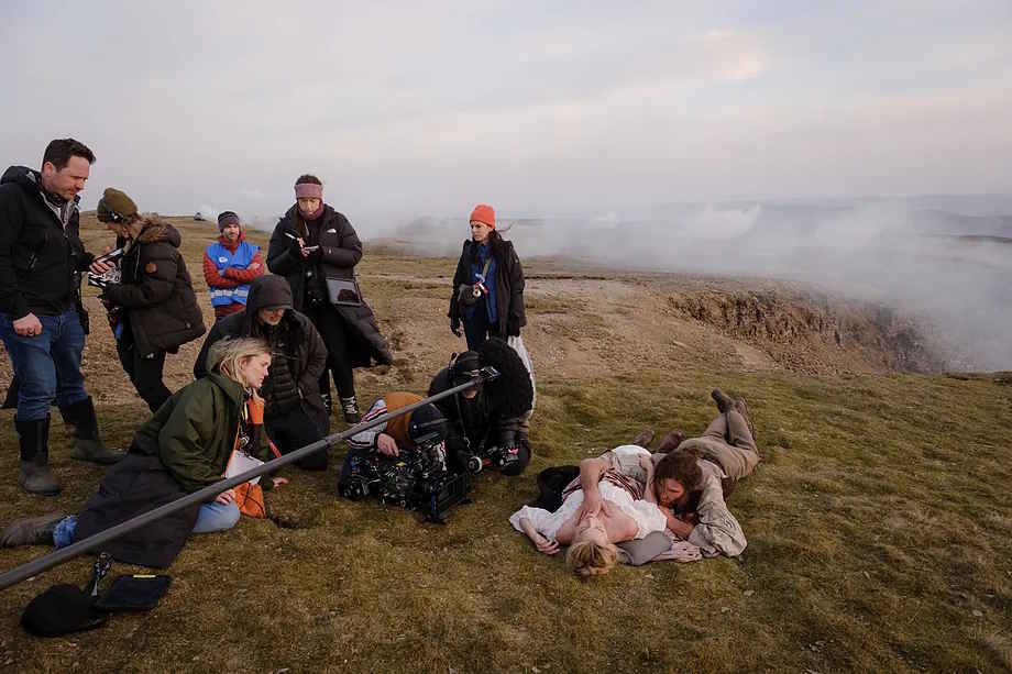 During the filming of Wuthering Heights, directed by Emerald Fennell.