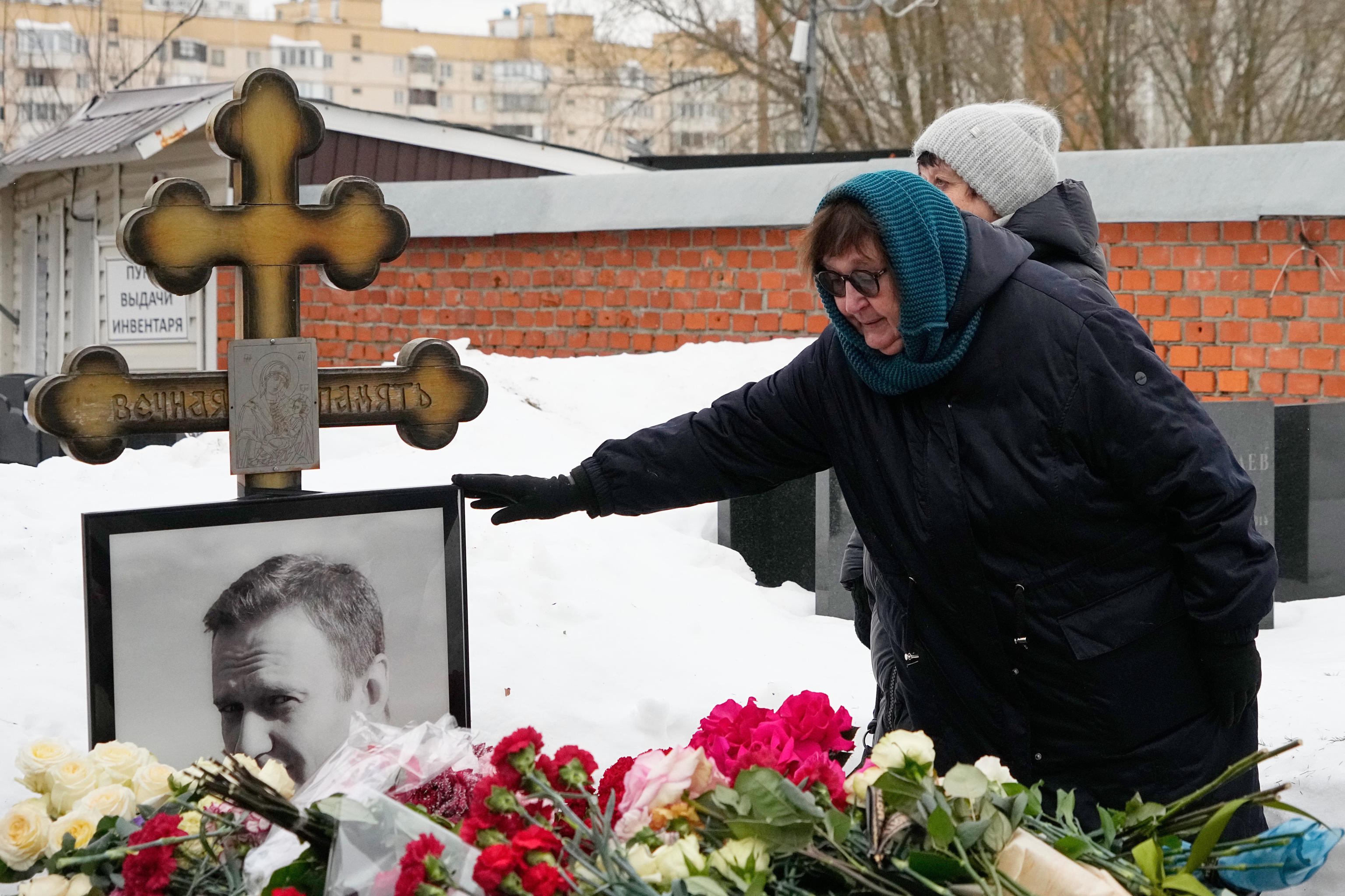 Late Russian opposition leader Alexei Navalny's mother Lyudmila Navalnaya touches his portrait.