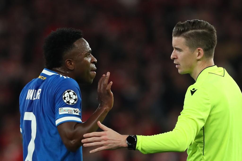 Real Madrid's Vinicius Junior argues with referee François Letexier