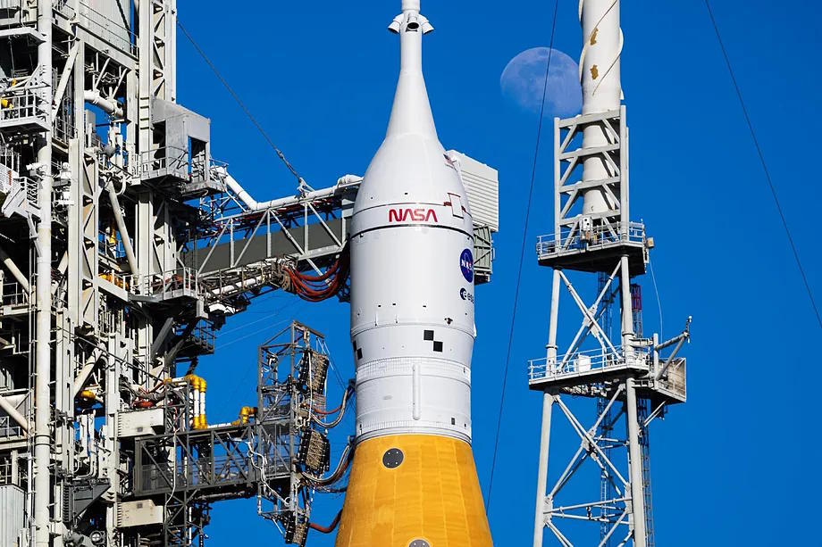 The Orion spacecraft docked to the SLS rocket on platform 39b at the Kennedy Space Center in Florida.