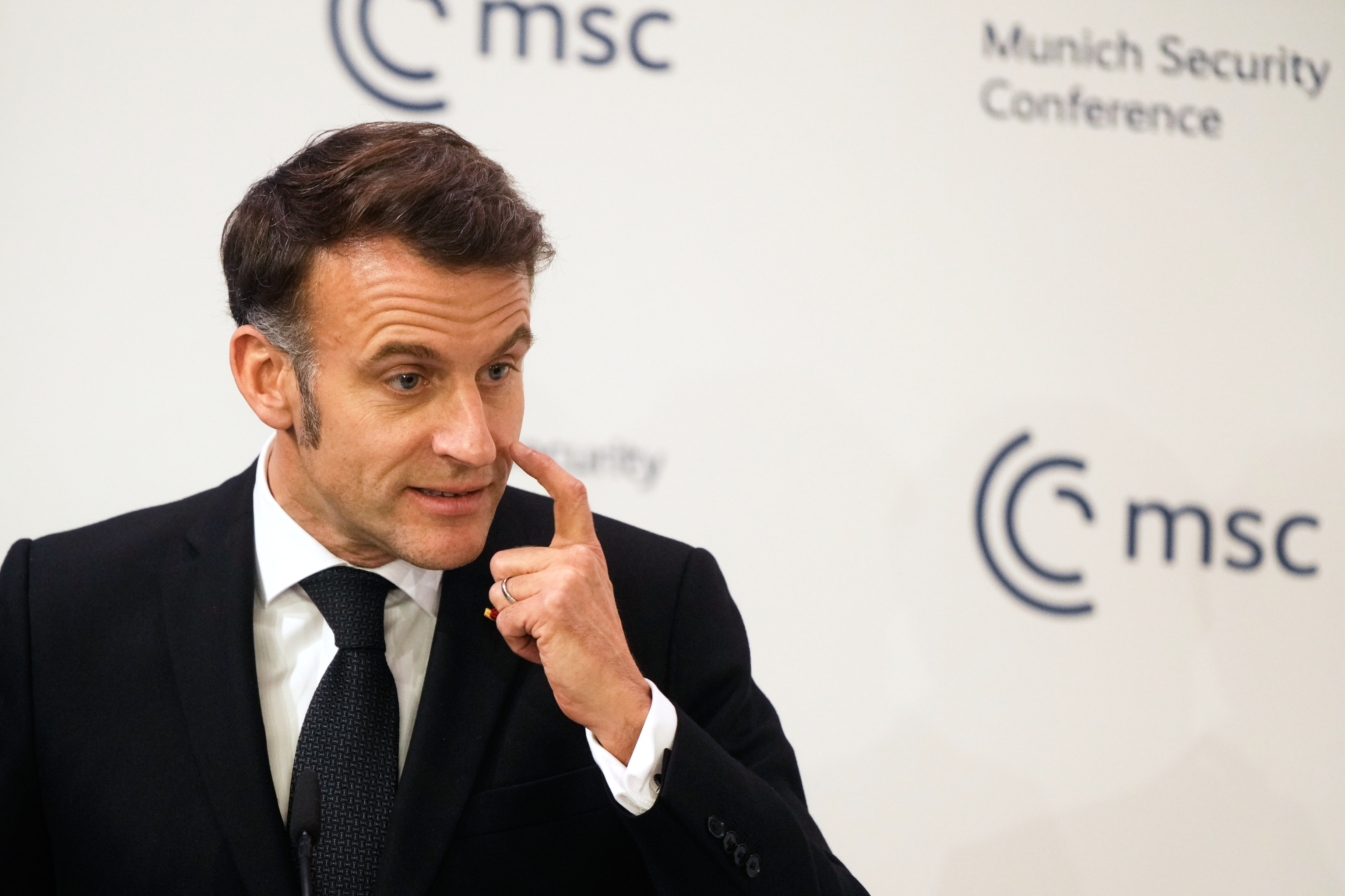 French President Emmanuel Macron addresses the audience during a session at the Munich Security Conference in Munich.