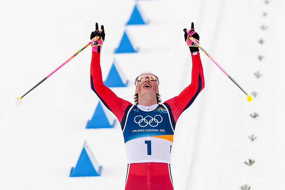 Norwegian Klaebo celebrates gold in the 50 km cross-country skiing.