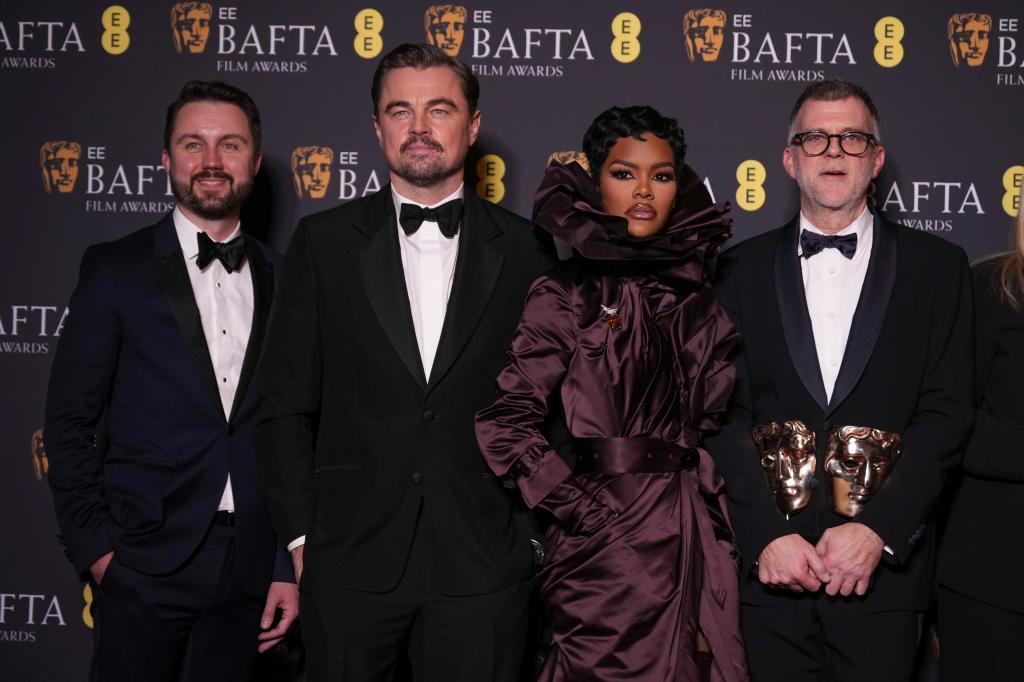 Andy Jurgensen, from left, Leonardo DiCaprio, Teyana Taylor, and Paul Thomas Anderson pose with the awards for best director, cinematography, and adapted screenplay for 'One Battle After Another' at the 79th British Academy Film Awards, BAFTA's, in London